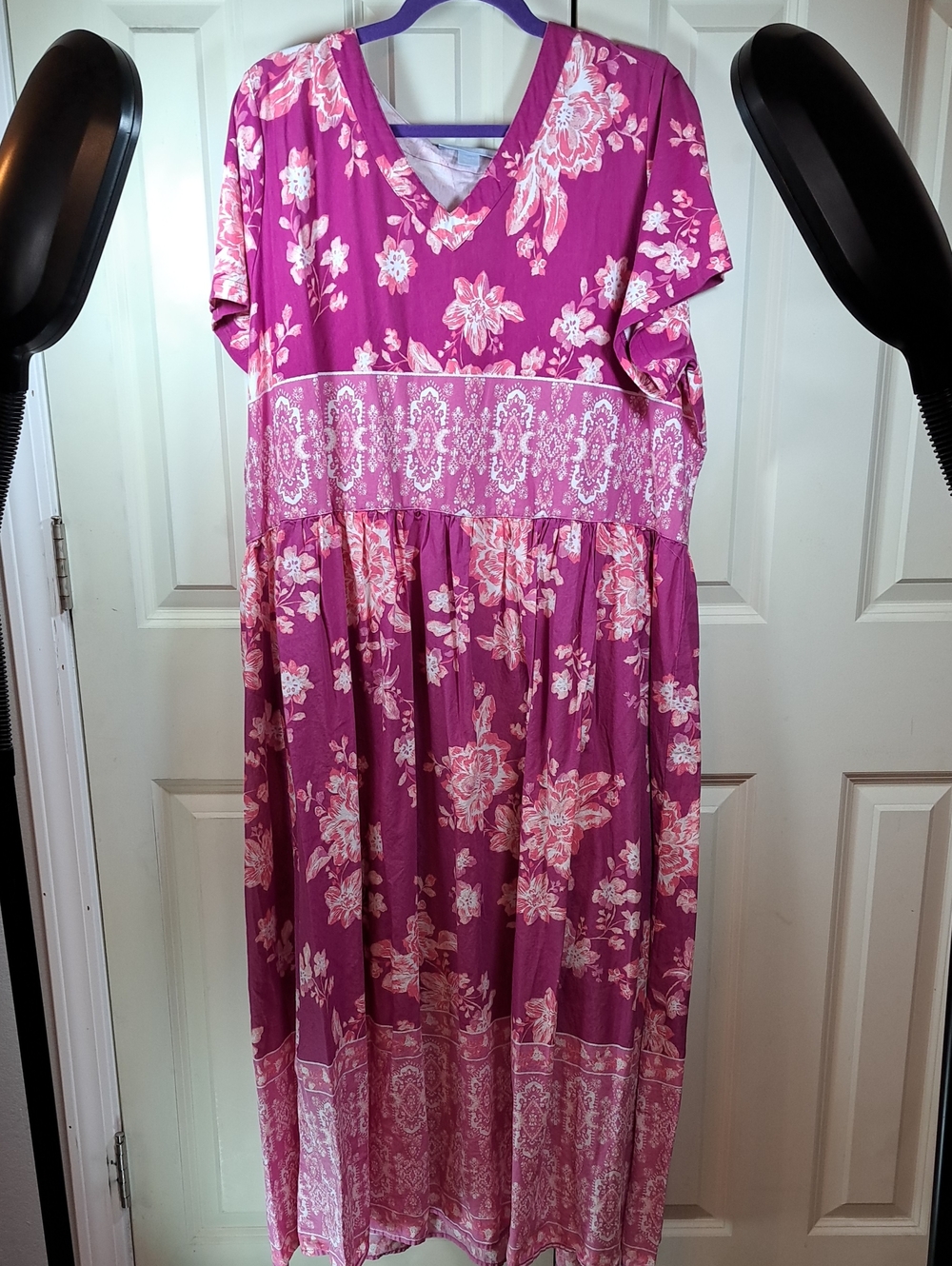 Only Necessities Magenta Floral V-Neck Maxi Lounge Dress